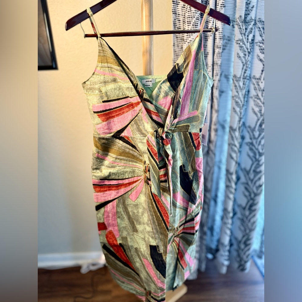 Jason Wu Linen Blend Multicolor Tropical Wrap Sheath Midi Dress